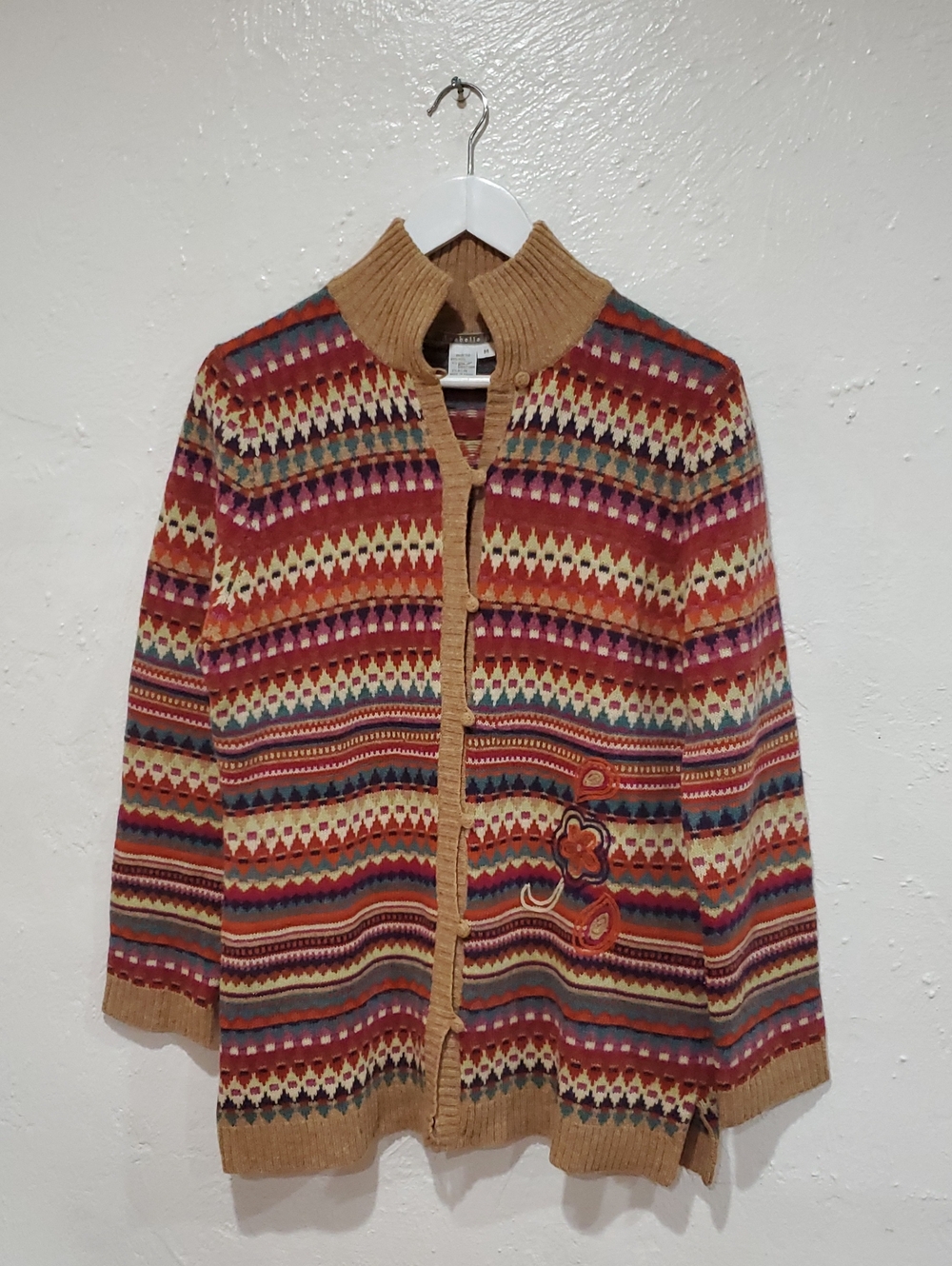 Isabella Bird Multicolor Fair Isle Button-Front Wool Sweater With Embroidery